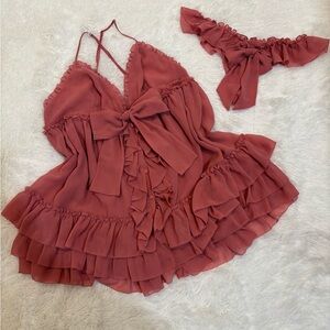 Victoria’s Secret Lingerie Matching Set Ruffled Baby Doll Top Pink Bows Small